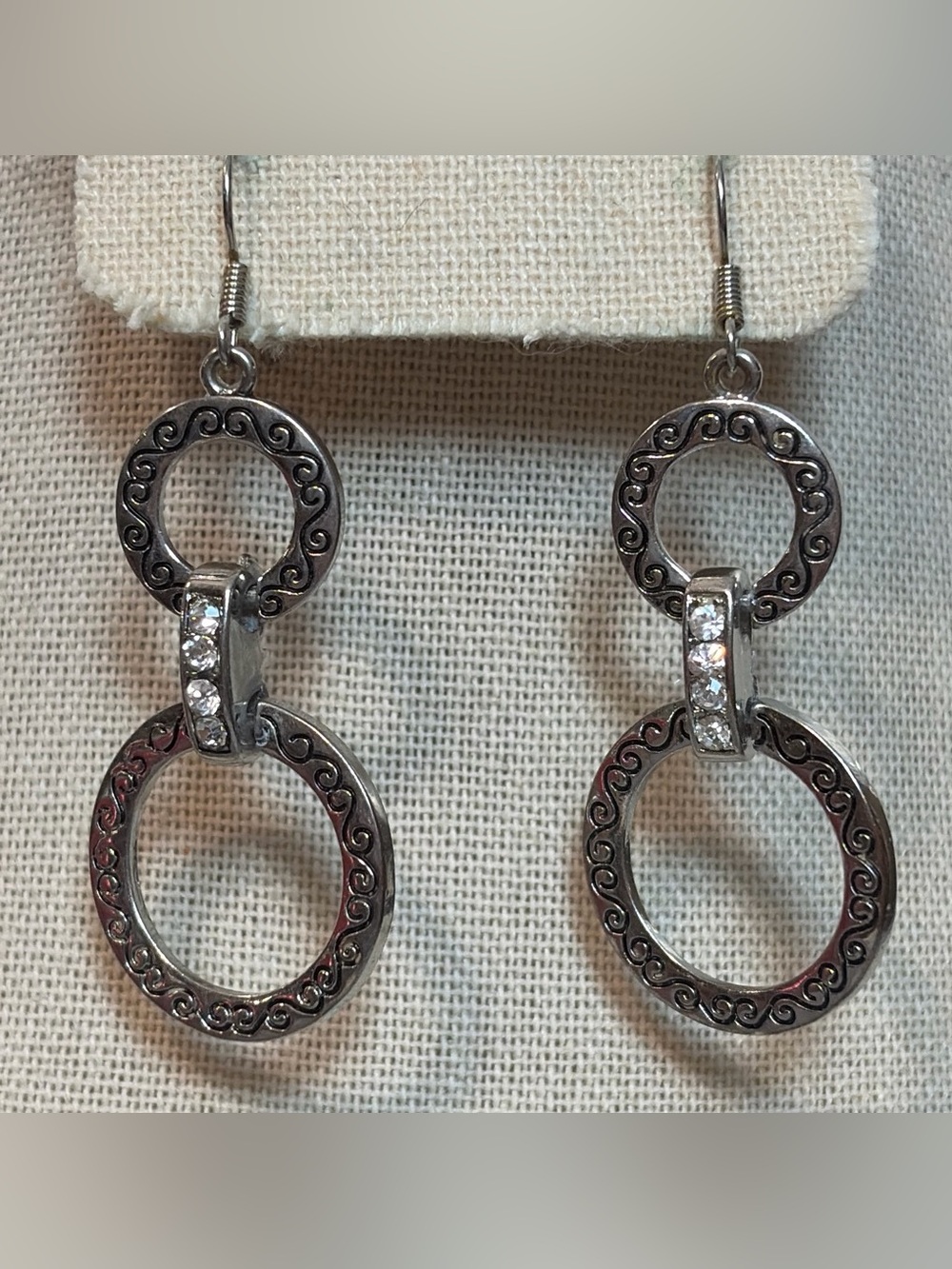 Silver-Tone Double Ring Drop Earrings with Crystal Accents
